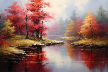 Tranquil Pond in Autumn Painting. generative ai - obrazy, fototapety, plakaty