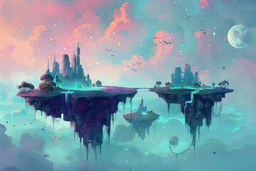 Surreal dreamscape with floating islands and fantasy creatures, digital art illustration