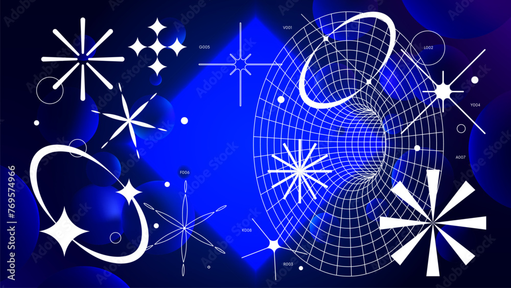 Poster futuristic vector gradient with glowing ultramarine square on dark background, neon lighting with re