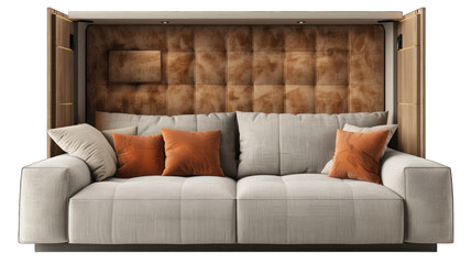 Versatile Folding Wall Bed - Dual Cushion Sofa Design Ideal for Multi-functional Spaces, Isolated White Background