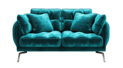 Luxurious Teal Velvet Armchair with Chrome Legs Isolated on White Background - Modern Design with Two Stylish Cushions
