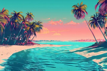 Fototapeta na wymiar Vibrant tropical beach paradise with turquoise water and palm trees, digital landscape illustration