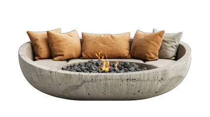 Modern Cast Concrete Fire Pit enhancing Outdoor Living Spaces with Style and Warmth on White Background - Sofa with Transparent Cushions, Isolated View