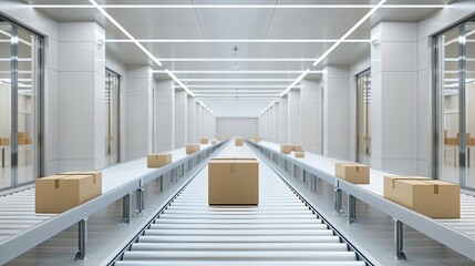 Wide angle of a conveyor system in a clean and modern warehouse.
