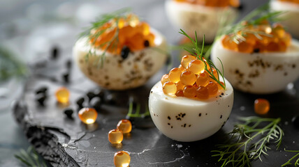 Stuffed eggs with caviar, photorealistic close-up image. Restaurant food, quail egg, France. The bokeh effect in the background. - obrazy, fototapety, plakaty