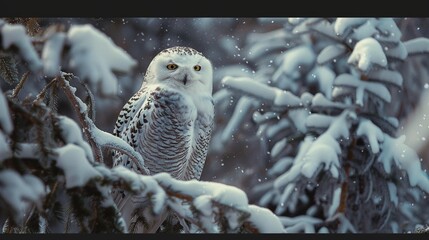 Mysterious snow owl perched in a coniferous tree, its white plumage blending with the snowy landscape. - obrazy, fototapety, plakaty