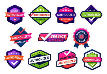 Official authorized dealer, seller and distributor seals and mark labels vector set. Certified badges for service business center. Tags with checkmark, stamp, ribbon signifies approved authorization - obrazy, fototapety, plakaty