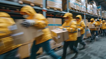 Blurred motion of workers in reflective jackets at a warehouse.