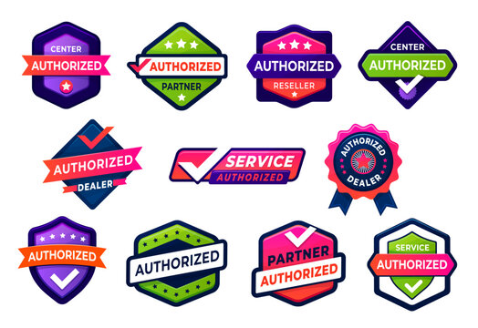 Official authorized dealer, seller and distributor seals and mark labels vector set. Certified badges for service business center. Tags with checkmark, stamp, ribbon signifies approved authorization