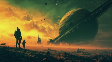 A science fiction landscape depicting two silhouetted figures gazing at a vast sky with distant planets, rings, and a vibrant nebula at sunset. - obrazy, fototapety, plakaty