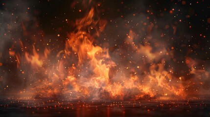 Orange sparks and flames on a smoky background, creating a realistic bonfire effect. Isolated and transparent, it adds heat and glow to any design. - obrazy, fototapety, plakaty