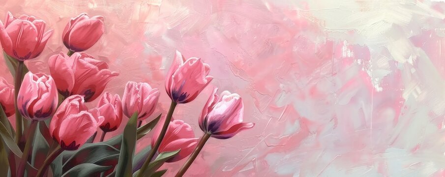 Textured pink painted tulip flowers, abstract spring background. With copyspace for your text.