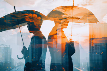 The double exposure image of businessmen opening an umbrella during sunrise, superimposed with a cityscape. The concept of contemporary life - obrazy, fototapety, plakaty