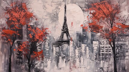 Painting:** Oil painting depicting a European cityscape, likely Paris.Scene:** Eiffel Tower amidst black, white, and red colors in a modern art style.Details:** Trees and other urban elements are visi