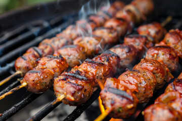 Italian sausage on a skewer being barbecued, a tasty grilled dish for outdoor gatherings - obrazy, fototapety, plakaty