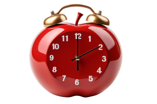 Ring in Time: A Red Apple Clock With Twin Bells. On a White or Clear Surface PNG Transparent Background.