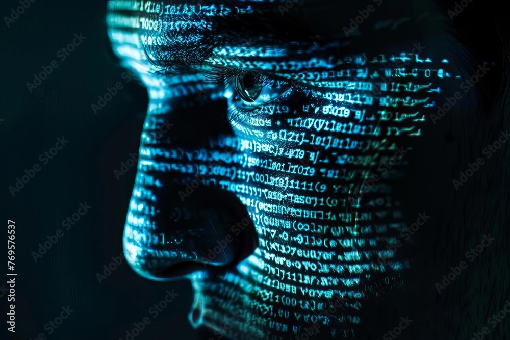 Wall mural mysterious hacker with binary code projected on face, dark background. dramatic digital art portrait