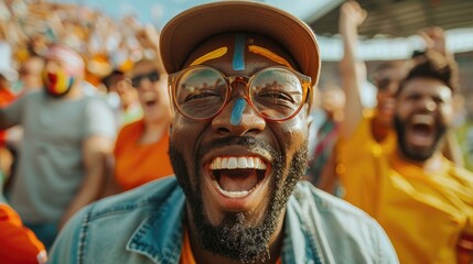 Man with colorful face paint and sunglasses enjoying a sports event.