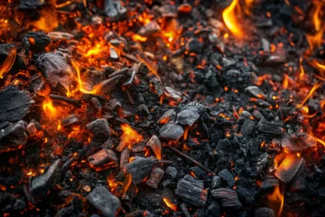 Rolgordijnen Black ember lights fire charcoal abstract background texture © misho