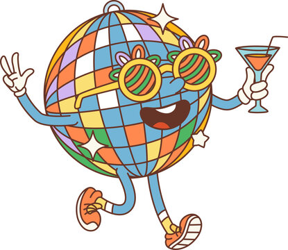 Retro cartoon groovy party disco ball character. Isolated vector vibrant personage with crazy glasses and cocktail, light up dance floor, exuding cool vibes and glowing with its shimmering facets