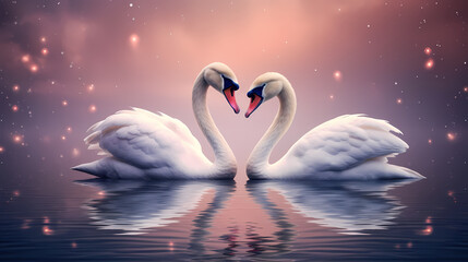 White swans in love on peaceful water background