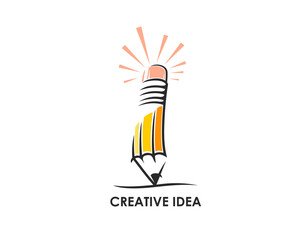 Creative idea pencil icon, symbol of education and design. Isolated vector emblem, represents artist inspiration, genius innovation, knowledge or eureka sign. Wooden pencil with bright glowing eraser