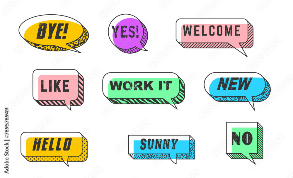 Poster memphis speech bubbles isolated vector set. colorful dialog and chat clouds, round, oval or square s