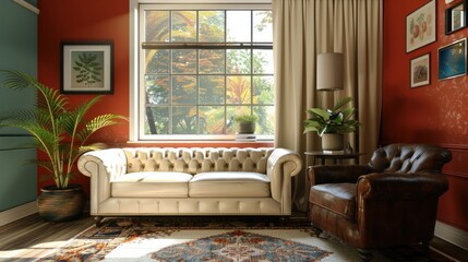 This image shows a living room with bright walls, a leather sofa, and a leather armchair. It was created using 3D rendering software.