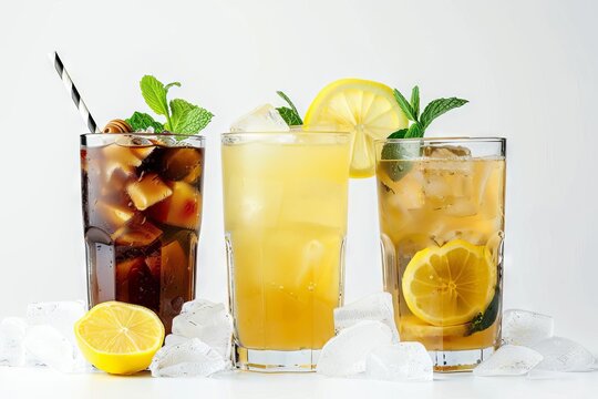 Refreshing Summer Cocktails, Lemonade and Iced Coffee on White, Drink Photography