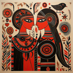 Traditional Madhubani style painting of two people on a textured background.