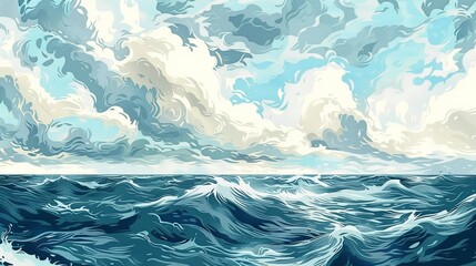 This vector art features an abstract seascape with a stormy sky and clouds. The design is suitable for interior decor, flyers, posters, covers, and banners. It is a modern hand-drawn painting perfect  - obrazy, fototapety, plakaty