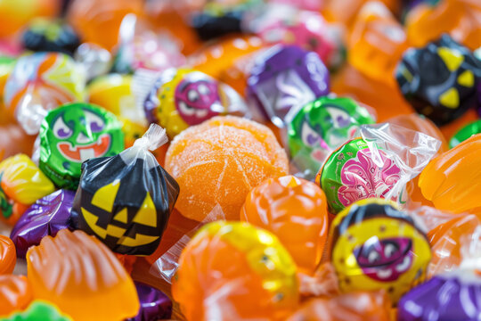 An abundance of colorful Halloween candies filling the background