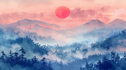 Tranquil painting of sunrise over a misty forest, with mountains in distance and a vibrant sky. Created in traditional Japanese ink style. - obrazy, fototapety, plakaty
