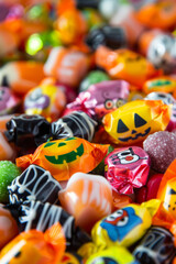 Fototapeta na wymiar An abundance of colorful Halloween candies filling the background