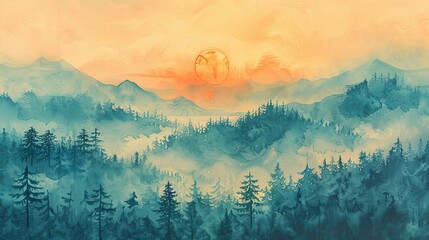 Tranquil painting of sunrise over a misty forest, with mountains in distance and a vibrant sky. Created in traditional Japanese ink style. - obrazy, fototapety, plakaty
