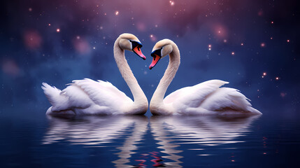 Fototapeta premium White swans in love on peaceful water background
