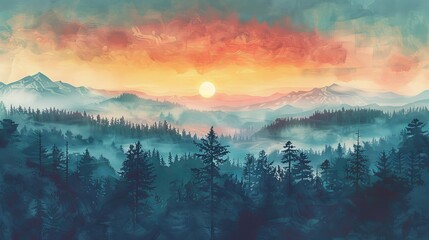 Tranquil painting of sunrise over a misty forest, with mountains in distance and a vibrant sky. Created in traditional Japanese ink style.