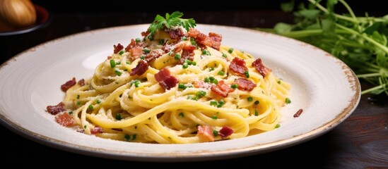 An Italian dish of al dente noodles with bacon and tomato sauce on a white plate. A classic recipe from Italian cuisine