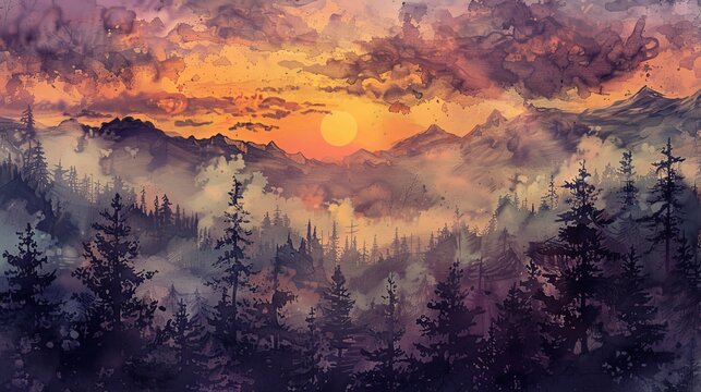 Tranquil painting of sunrise over a misty forest, with mountains in distance and a vibrant sky. Created in traditional Japanese ink style.