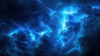 Vibrant blue bursts of lightning illuminating a dark background - obrazy, fototapety, plakaty