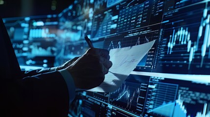 A close-up view depicts a businessman holding a paper and drawing stock charts, accompanied by a digital business interface, underscoring the essence of business and trade 