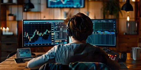 A businessman analyzing forex trading charts and financial data for profitable investment ideas in 2022. Concept Forex Trading Analysis, Financial Data Interpretation, Investment Strategies