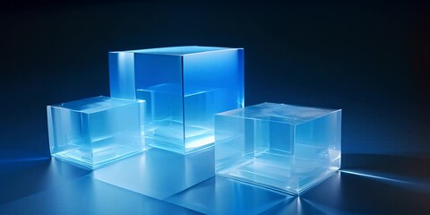 Transparency, clear, pure, concept image, Three light blue glass cubes or blocks in dark background. 4K Video