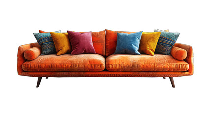 Vibrant Moroccan-inspired area rug bringing warmth and color to minimalist interiors, isolated on white background with stylish sofa and cushions