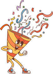 Retro cartoon groovy party popper character. Cute vector vintage personage with funny face, spreading happiness at birthday party celebration, creating comic and surprising congratulation atmosphere