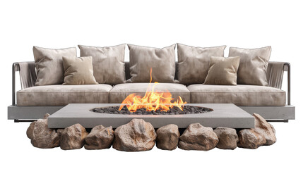 Cozy Outdoor Fire Pit Table with Elegant Sofa and Cushions for Evening Gatherings - Isolated on White Background