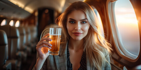 beautyfull young businesswoman sitting in private airplane jet and drinking