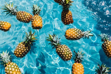 Overhead view of pineapple fruit floating in a summer swimming pool