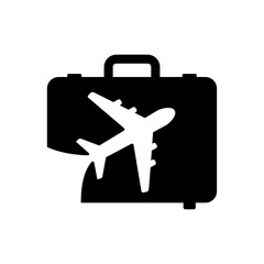 Logo travel. Silueta de maleta de viaje con avión en espacio negativo para agencia de viajes - 769578152