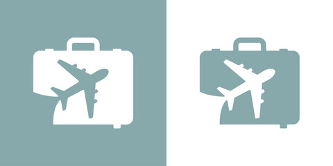 Logo travel. Silueta de maleta de viaje con avión en espacio negativo para agencia de viajes - 769578302